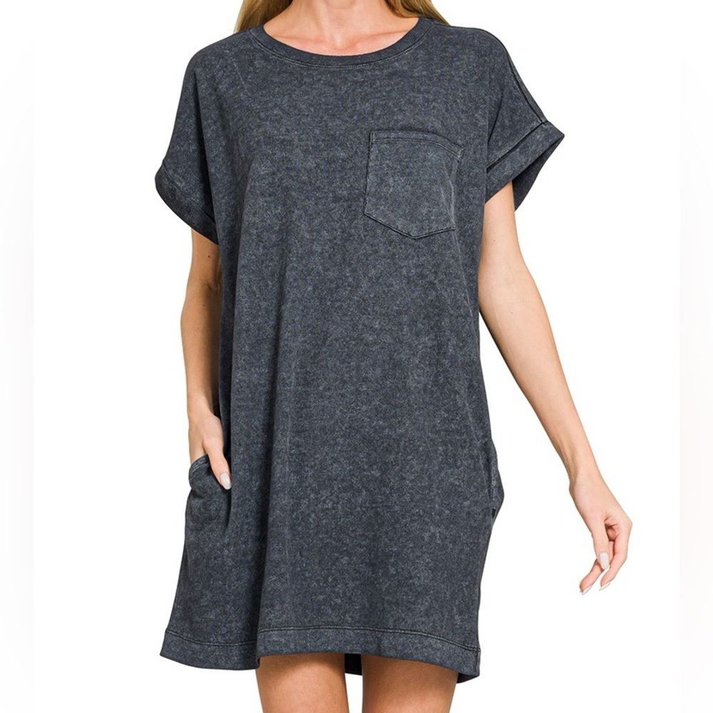 NWT Zenana Black Acid Wash Short Sleeve Mini Length T-Shirt Dress